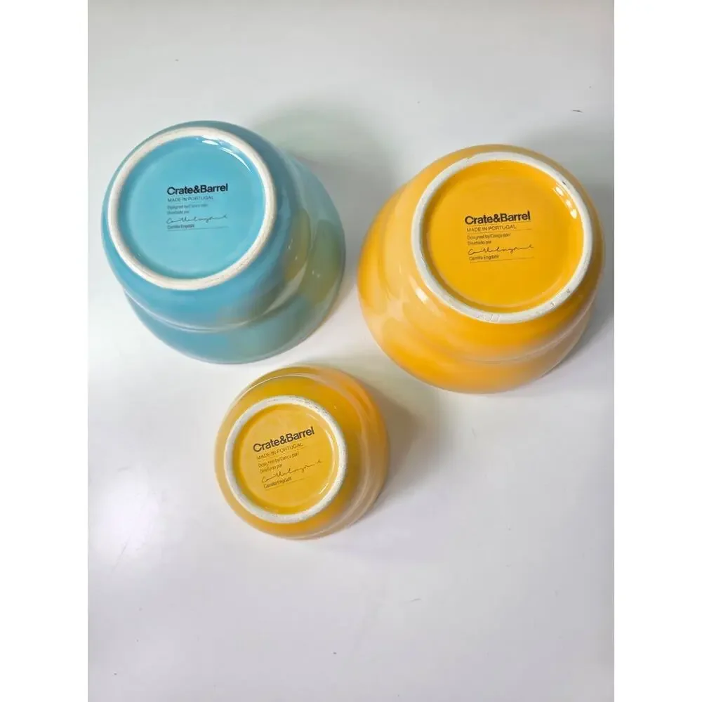 CRATE & BARREL Mustard Blue Small Nesting Earthenware Bowls Portugal Set of 3